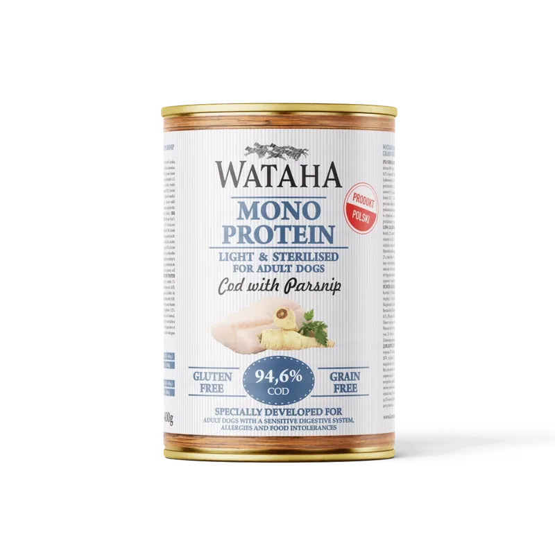 WATAHA MONO PROTEIN LIGHT & STERILISED ADULT DOG 94,6% DORSZ Z PASTERNAKIEM 400G Okazja