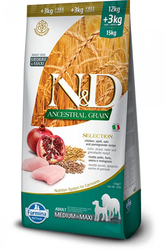 Taniej FARMINA N&D Ancestral Grain Selection Adult Medium & Maxi - sucha karma dla psa - 12kg + 3kg