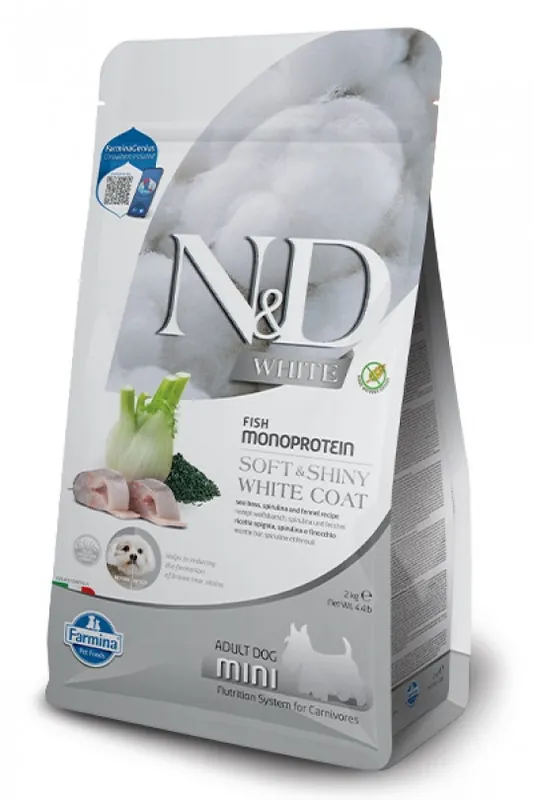 Ostatnia szansa FARMINA N&D WHITE DOG SEA BASS, Spirulina and Fennel Adult Mini - sucha karma dla psów ras białych - 2 kg