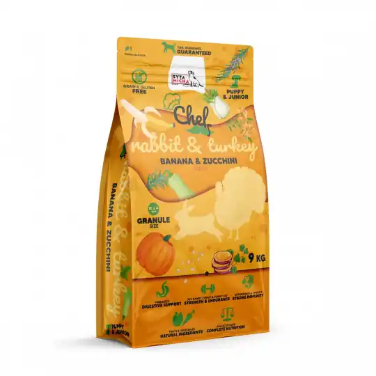 Bestseller SYTA MICHA Chef Puppy Królik, indyk, banan i cukinia - sucha karma dla psa - 9kg