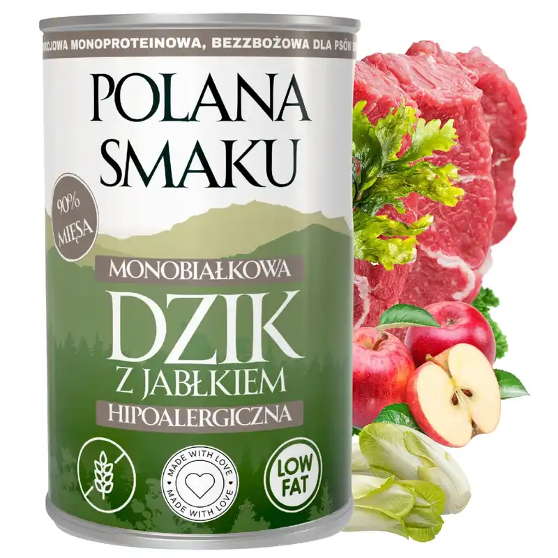 Bezpieczne zakupy Mokra karma monobiałkowa dla psa Polana Smaku Dzik z jabłkiem 400g