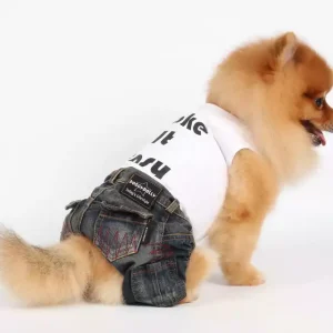 Dostępne od ręki DOGGYDOLLY zestaw spodnie jeans + biała koszulka Take it easy, dla małych psów