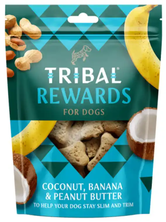Szybka wysyłka Ciasteczka dla psa Tribal Rewards Kokos, banan i masło orzechowe 125g