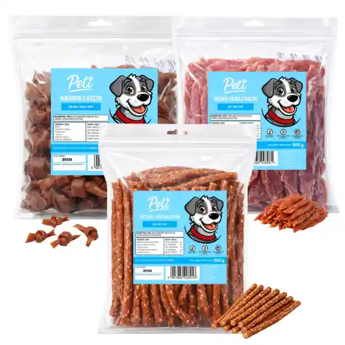 Oferta czasowa Peti Przysmaki dla psa Kaczka 3x500g Patyczki Piersi Kokardki