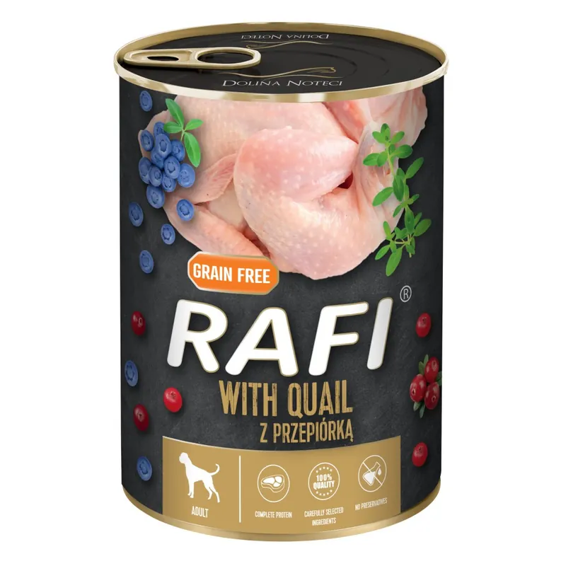 Premium Rafi Mokra Karma dla Psów Dorosłych z Przepiórką, Żurawiną i Borówką Puszka 400 g