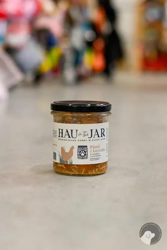 Super okazja Hau in the Jar mokra karma dla psów – kurczak w miodzie z gruszkami 350g w słoiku