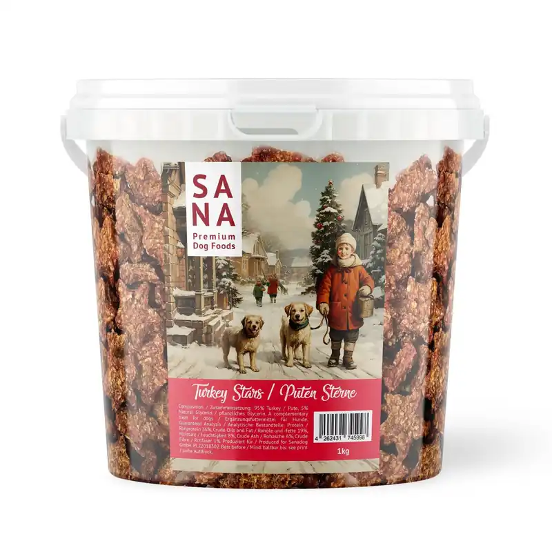 Darmowy zwrot SANADOG Kostki treningowe z indyka (wiaderko 1kg) w kształcie gwiazdek