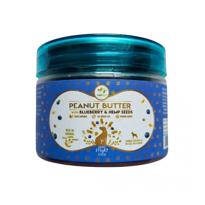 Do wyczerpania zapasów PAWFECT Peanut Butter BLUEBERRY & HEMP SEEDS Masło orzechowe z jagodami i nasionami konopi 275g