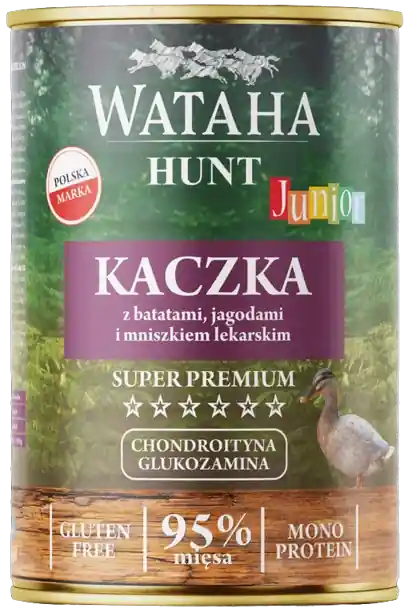 Wataha Hunt Junior Kaczka z batatami, jagodami i mniszkiem lekarskim Mokra Karma dla psa op. 400g Do wyczerpania zapasów
