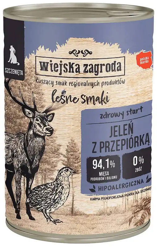 Darmowy zwrot Wiejska Zagroda Leśne Smaki Puppy Jeleń z przepiórką Mokra Karma dla szczeniąt op. 400g