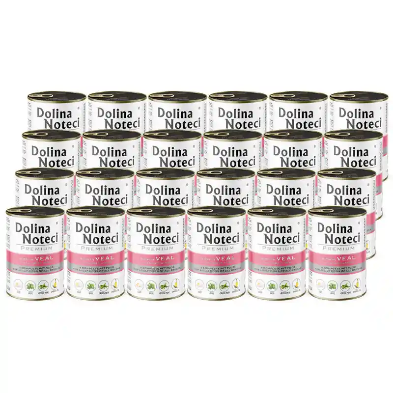Tani Mokra karma dla psa Dolina Noteci Premium bogata w cielęcinę z zielonym groszkiem zestaw 24 x 400 g