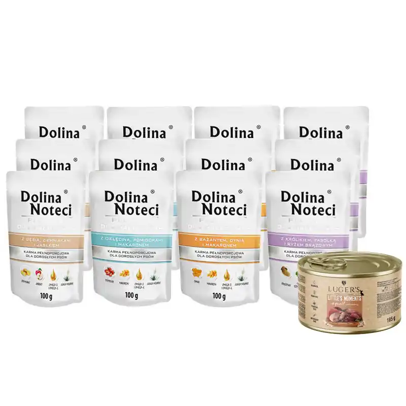 Mokra karma dla psów małych ras Dolina Noteci Premium Mix 12 x 100 g + gratis Luger‘s Little‘s Moments z przepiórką 185 g Tylko do końca tygodnia