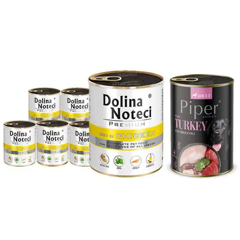 Cena promocyjna Mokra karma dla psa Dolina Noteci Premium bogata w kurczaka zestaw 6 x 800 g + Piper Animals z indykiem i brokułem 400 g Gratis