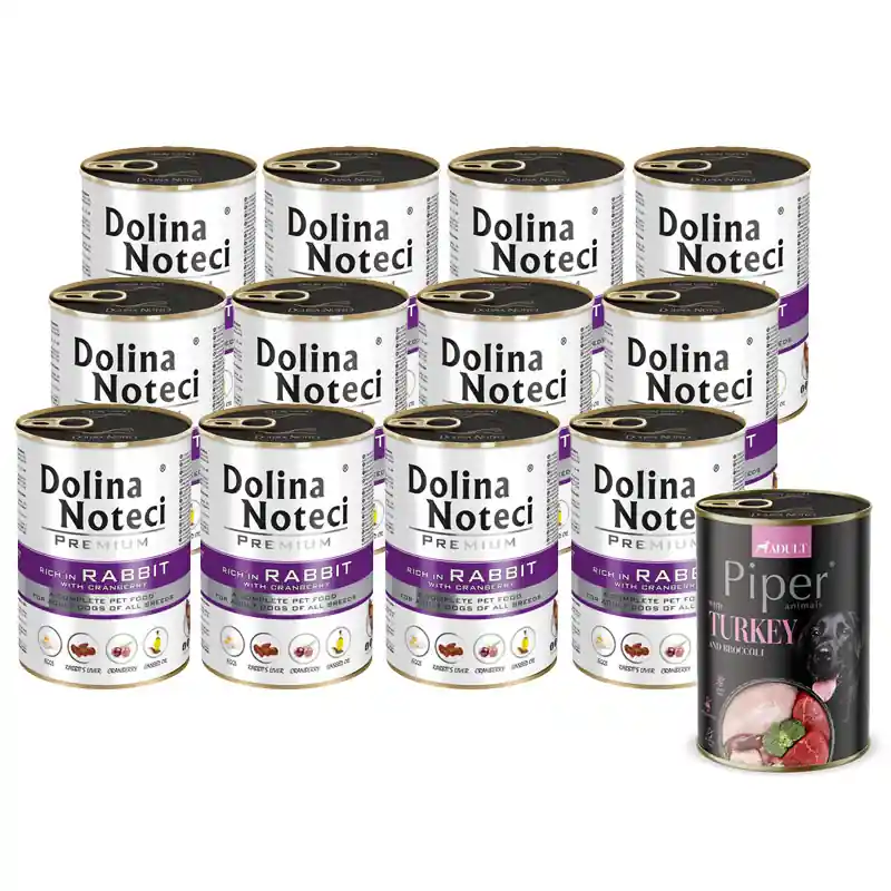 Wyjątkowa oferta Mokra karma dla psa Dolina Noteci Premium bogata w królika z żurawiną zestaw 12 x 400 g + Piper Animals z indykiem i brokułem 400 g Gratis