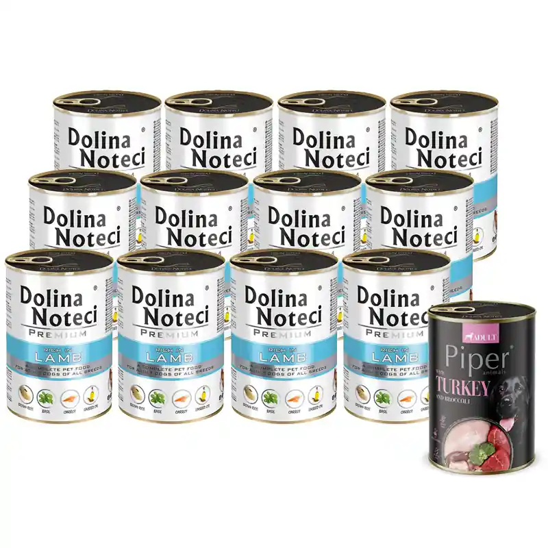 Dodaj do koszyka Mokra karma dla psa Dolina Noteci Premium bogata w jagnięcinę zestaw 12 x 400 g + Piper Animals z indykiem i brokułem 400 g Gratis