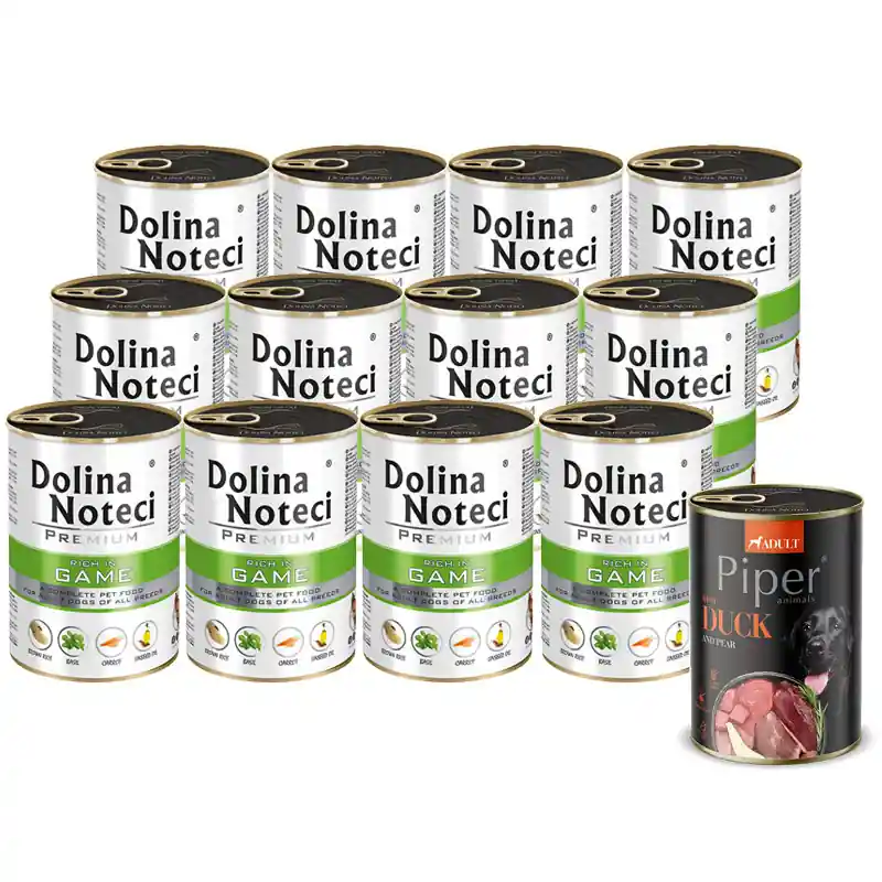 Mokra karma dla psa Dolina Noteci Premium bogata w dziczyznę zestaw 12 x 400 g + Piper Animals z kaczką i gruszką 400 g Gratis Nowość