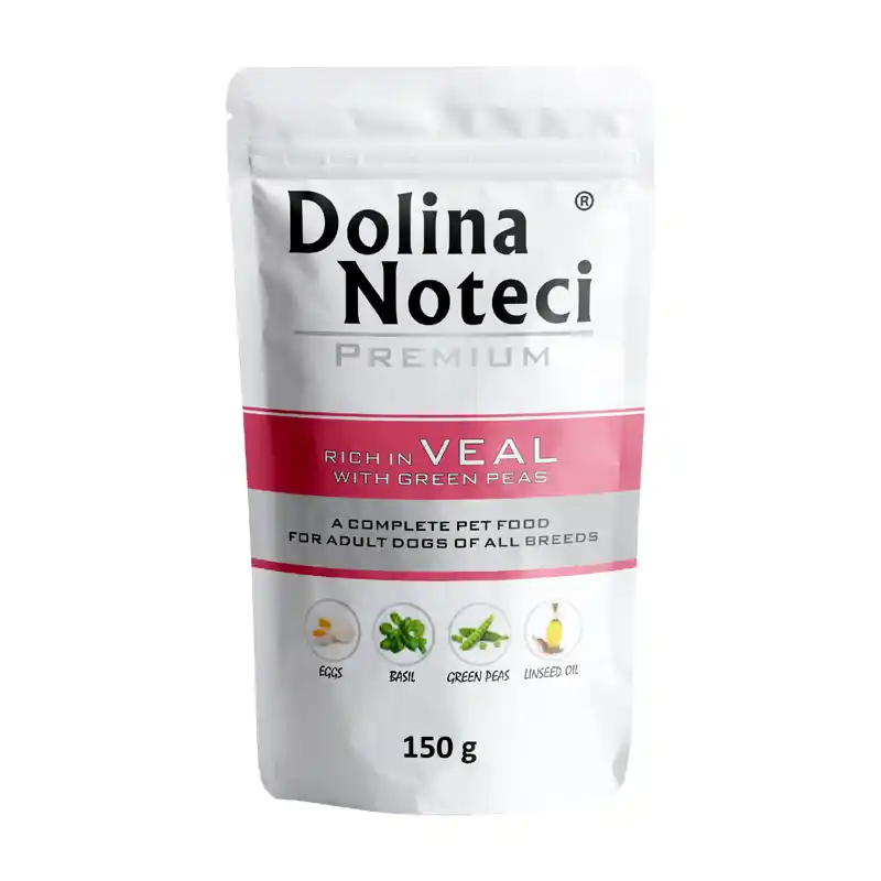 Mokra karma dla psa Dolina Noteci Premium bogata w cielęcinę z zielonym groszkiem saszetka 150 g Obniżka ceny