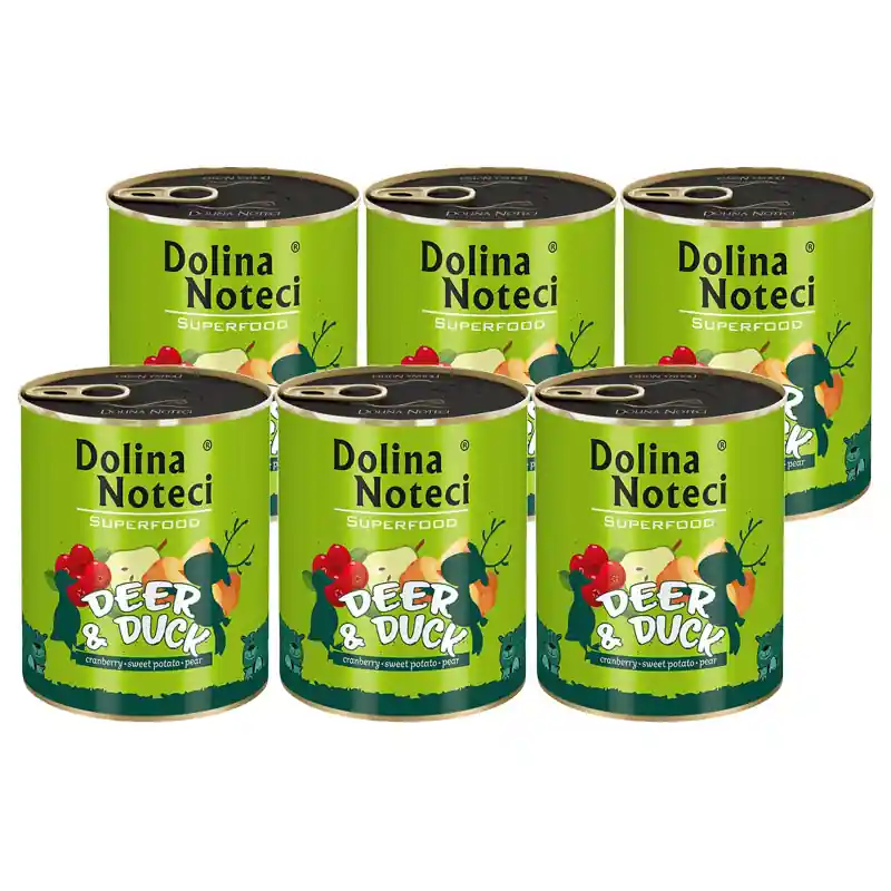 Bestseller Mokra karma dla psa Dolina Noteci Superfood jeleń i kaczka zestaw 6 x 800 g