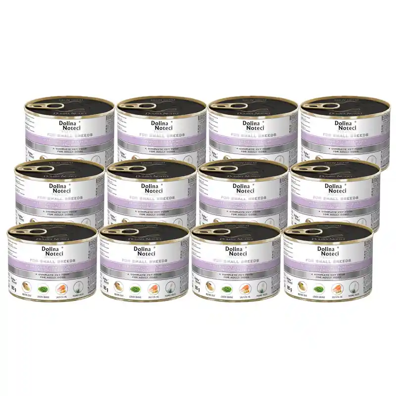 Mokra karma dla psów małych ras Dolina Noteci Premium z królikiem, fasolka i ryżem brązowym zestaw 12 x 185 g Nowość
