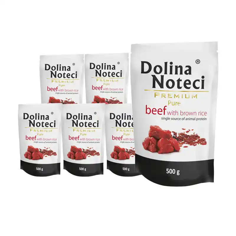 Obniżka ceny Mokra karma dla psa alergika Dolina Noteci Premium Pure bogata w wołowinę z ryżem brązowym zestaw 10 x 500 g