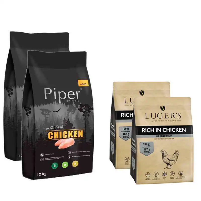Karma sucha dla psa Piper Animals z kurczakiem worek 2 x 12 kg + Luger’s karma suszona dla psa bogata w kurczaka 2 x 1 kg Oferta czasowa