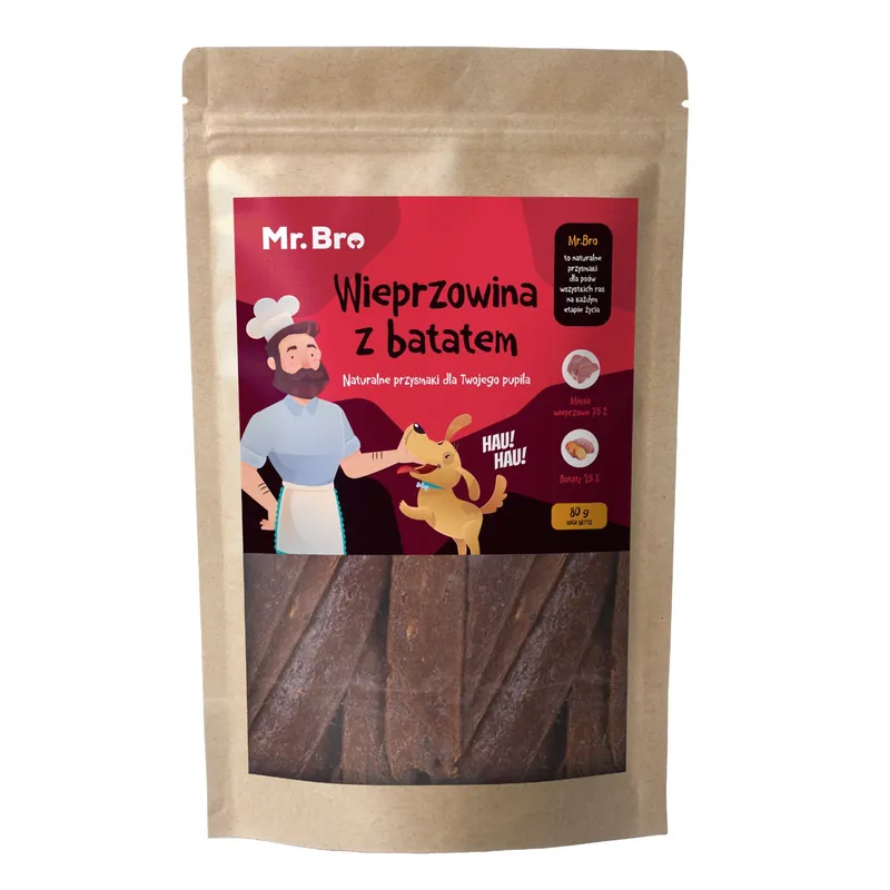 Niska cena Mr. Bro Strips Wieprzowina z Batatem 80g – Suszone Powietrzem
