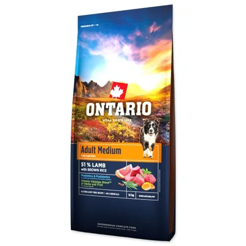 Najlepsza cena Ontario Adult Medium jagni臋cina z br膮zowym ry偶em 鈥?karma dla ps贸w 12 kg