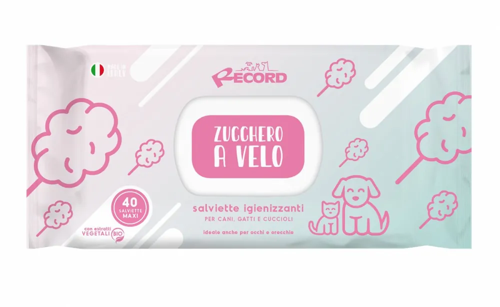 Tylko do końca tygodnia Record Italy antybakteryjne wilgotne chusteczki Maxi o zapachu waty cukrowej do codziennej higieny psów i kotów 40szt.
