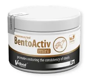 Łatwy zwrot Vetfood Bentoactive Mini wsparcie w trakcie biegunek i niestrawności związanych z nieprawidłową absorpcją wody w jelitach 30g